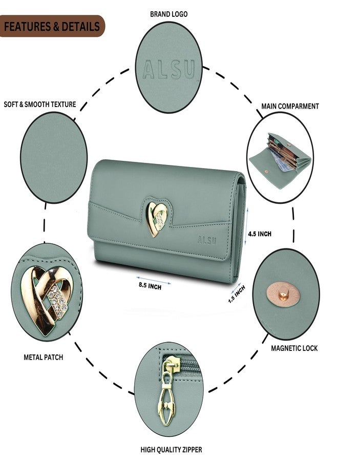 ALSU Women's Hand Wallet Purse Clutch | Phone Slots | Coin Pocket | 4 Card Slots| Zip Pocket| Trendy| Party use| Casual use| Faux Leather| (Light Green) - Image 4