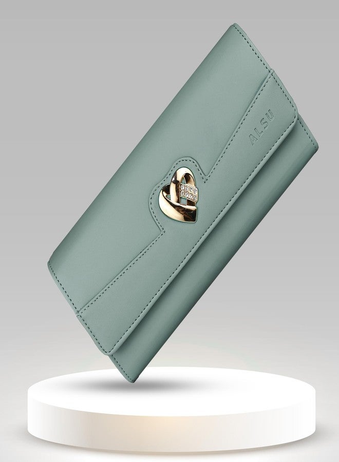 ALSU Women's Hand Wallet Purse Clutch | Phone Slots | Coin Pocket | 4 Card Slots| Zip Pocket| Trendy| Party use| Casual use| Faux Leather| (Light Green) - Image 2