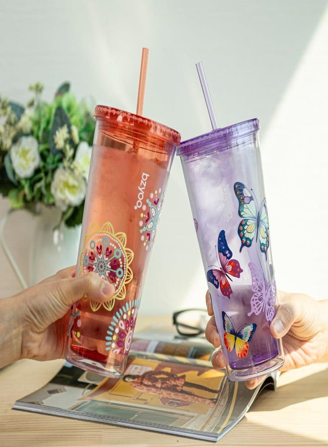bzyoo SIP 24oz (710ml) Double Wall Plastic Tumbler with Lid and Straw Cold Drink Travel Mug Reusable Party Cup Perfect for Ice Coffee, Tea Office Poolside Parties Gifts Color: Butterfly Purple - Image 5