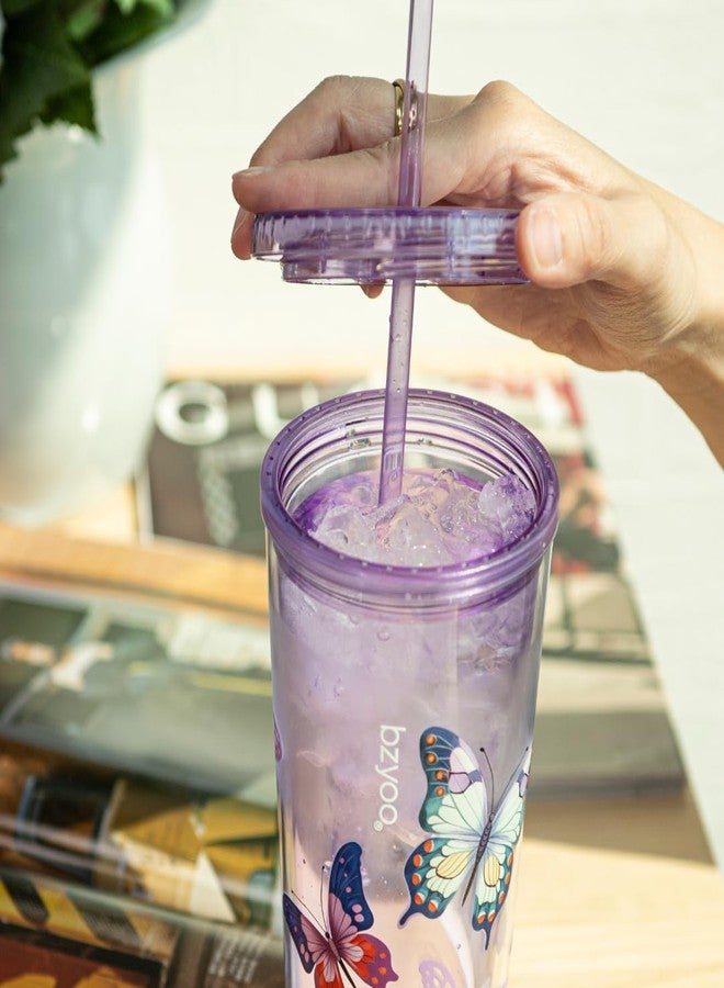 bzyoo SIP 24oz (710ml) Double Wall Plastic Tumbler with Lid and Straw Cold Drink Travel Mug Reusable Party Cup Perfect for Ice Coffee, Tea Office Poolside Parties Gifts Color: Butterfly Purple - Image 4