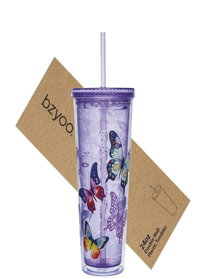 bzyoo SIP 24oz (710ml) Double Wall Plastic Tumbler with Lid and Straw Cold Drink Travel Mug Reusable Party Cup Perfect for Ice Coffee, Tea Office Poolside Parties Gifts Color: Butterfly Purple - Image 1