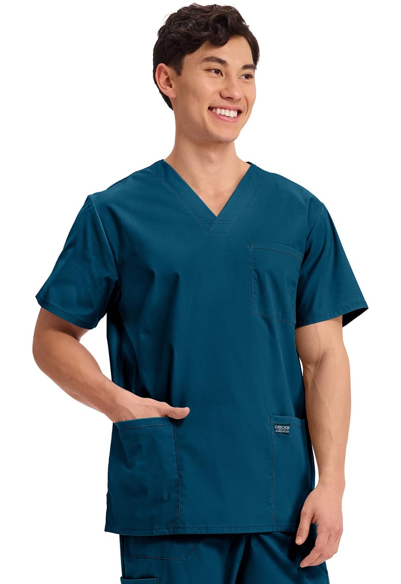 Cherokee Men's V-Neck Top Traditional fit with 4 Pockets, Ultra Soft, Durable, Fade Resistant, 2-Way Stretch Fabric - WW695, XL, Caribbean Blue - Image 5