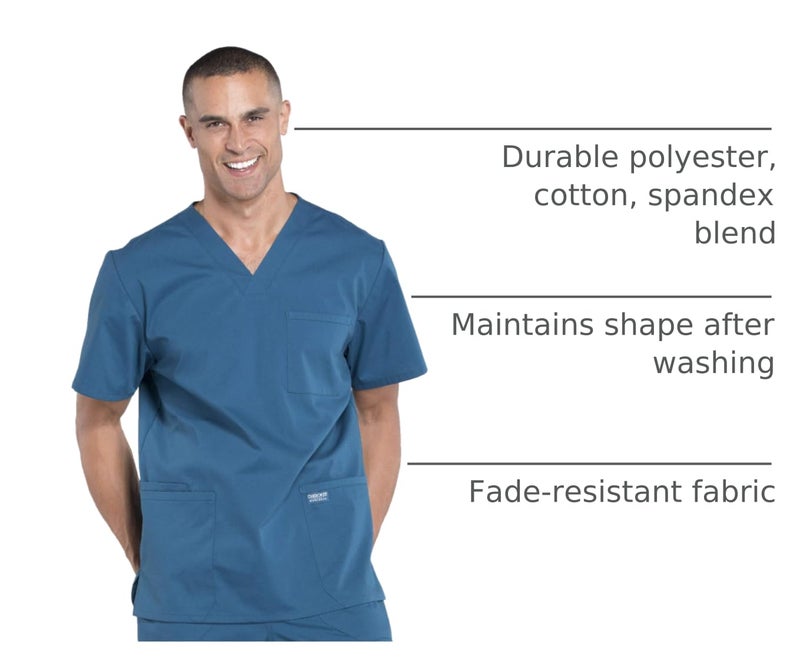 Cherokee Men's V-Neck Top Traditional fit with 4 Pockets, Ultra Soft, Durable, Fade Resistant, 2-Way Stretch Fabric - WW695, XL, Caribbean Blue - Image 4