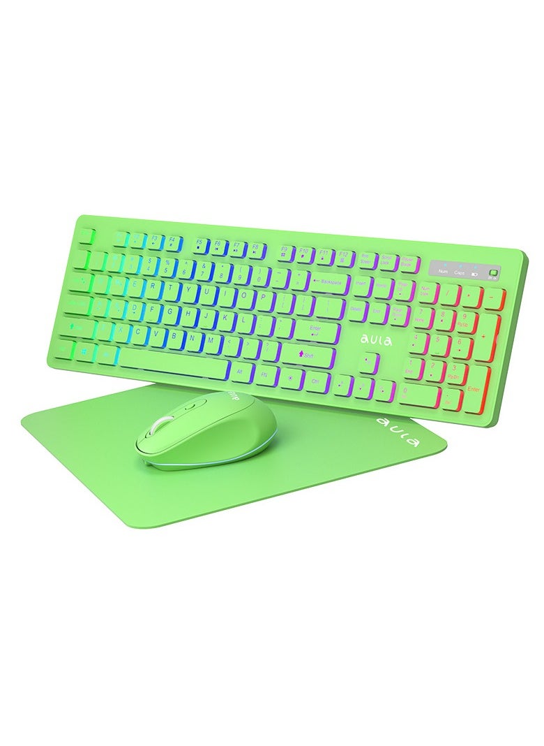 أولا - لوحة مفاتيح وماوس لاسلكي AC208 صامتة قابلة لإعادة الشحن RGB مع لوحة ماوس، 2.4 جيجا هرتز لاسلكي RGB بإضاءة خلفية قوس قزح كاملة الحجم مريحة - (عربي / إنجليزي) - مستقبل USB لمكتب الألعاب والكمبيوتر الشخصي ونظام التشغيل Windows | أخضر - Image 1