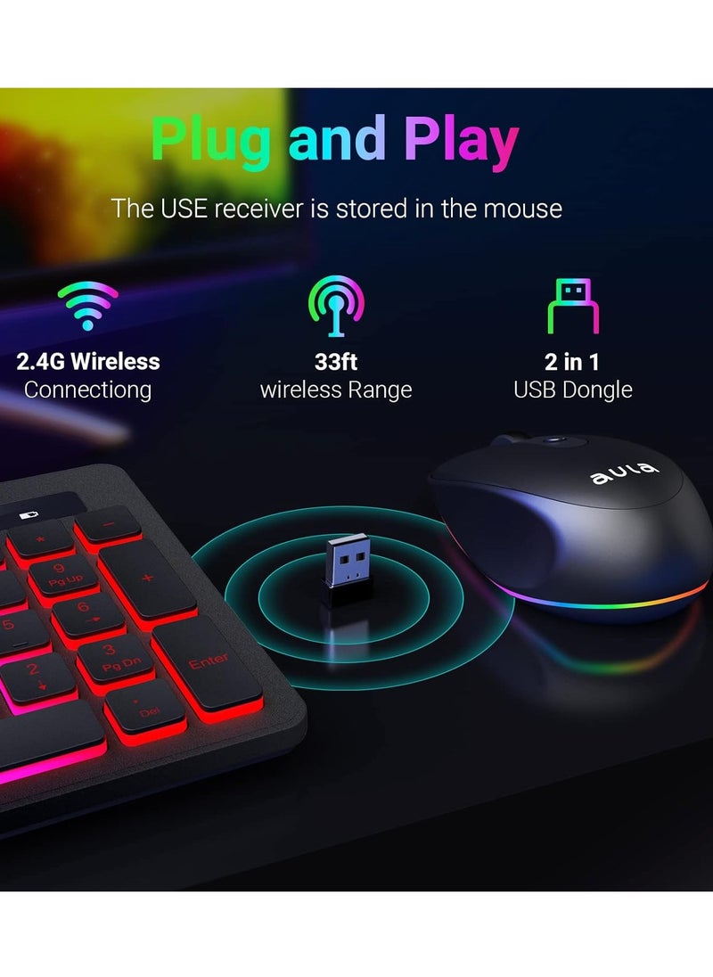 أولا - لوحة مفاتيح وماوس لاسلكي AC208 صامتة قابلة لإعادة الشحن RGB مع لوحة ماوس، 2.4 جيجا هرتز لاسلكي RGB بإضاءة خلفية قوس قزح كاملة الحجم مريحة - (عربي / إنجليزي) - مستقبل USB لمكتب الألعاب والكمبيوتر الشخصي ونظام التشغيل Windows | أخضر - Image 1