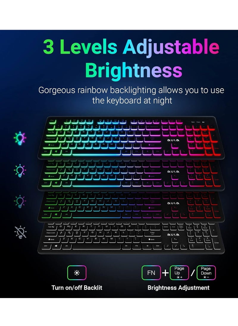 أولا - لوحة مفاتيح وماوس لاسلكي AC208 صامتة قابلة لإعادة الشحن RGB مع لوحة ماوس، 2.4 جيجا هرتز لاسلكي RGB بإضاءة خلفية قوس قزح كاملة الحجم مريحة - (عربي / إنجليزي) - مستقبل USB لمكتب الألعاب والكمبيوتر الشخصي ونظام التشغيل Windows | أخضر - Image 1
