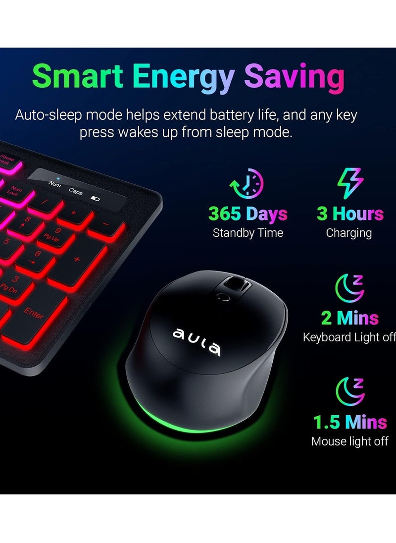 أولا - لوحة مفاتيح وماوس لاسلكي AC208 صامتة قابلة لإعادة الشحن RGB مع لوحة ماوس، 2.4 جيجا هرتز لاسلكي RGB بإضاءة خلفية قوس قزح كاملة الحجم مريحة - (عربي / إنجليزي) - مستقبل USB لمكتب الألعاب والكمبيوتر الشخصي ونظام التشغيل Windows | أخضر - Image 1