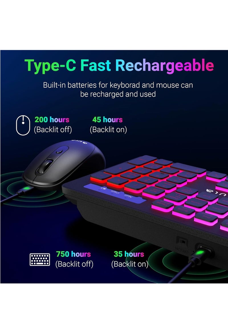 أولا - لوحة مفاتيح وماوس لاسلكي AC208 صامتة قابلة لإعادة الشحن RGB مع لوحة ماوس، 2.4 جيجا هرتز لاسلكي RGB بإضاءة خلفية قوس قزح كاملة الحجم مريحة - (عربي / إنجليزي) - مستقبل USB لمكتب الألعاب والكمبيوتر الشخصي ونظام التشغيل Windows | أخضر - Image 1