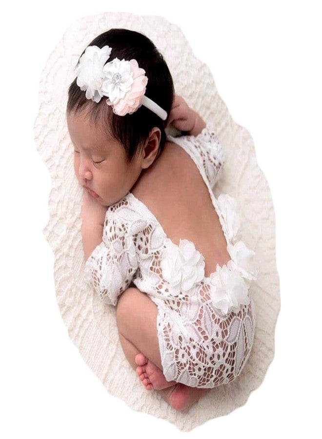 Vemonllas Newborn Infant Baby Photography Props Girls Lace Bow Vest Bodysuits Romper Photo Shoot Princess Clothes (Off White) - Image 1