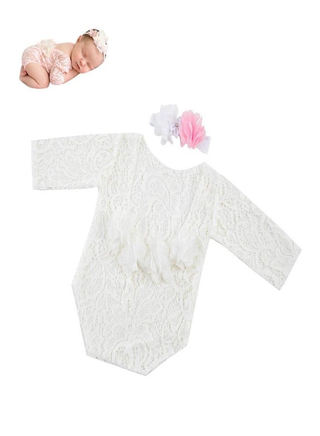 Vemonllas Newborn Infant Baby Photography Props Girls Lace Bow Vest Bodysuits Romper Photo Shoot Princess Clothes (Off White) - Image 3