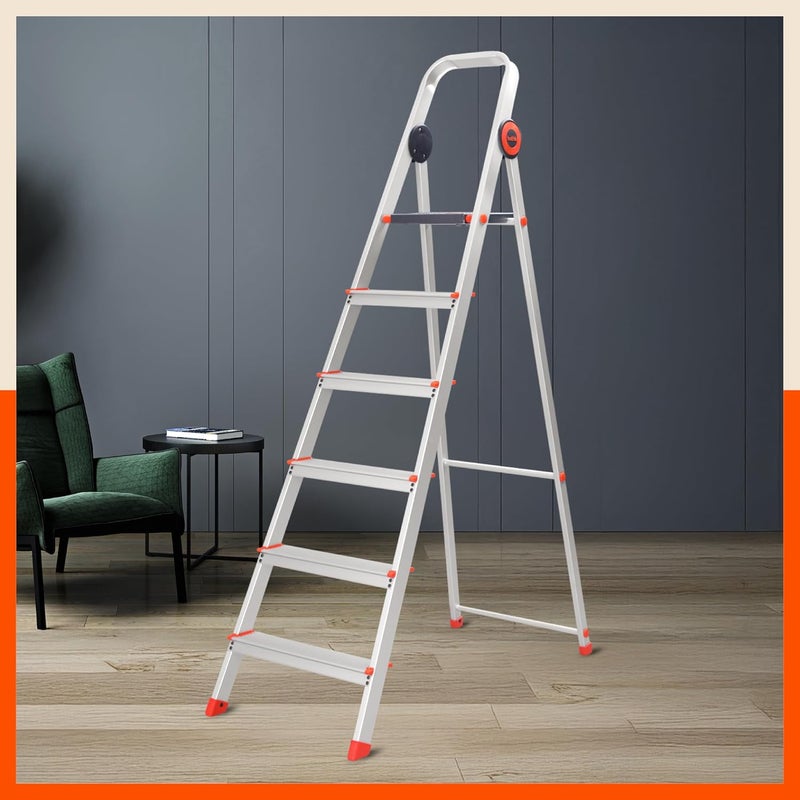 Bathla Bathla Advance Pro 6Step Foldable Aluminium Ladder for Home HeavyDuty AntiSlip Steps with SureHinge Technology 7Year Manufacturer Warranty Orange  - Image 1