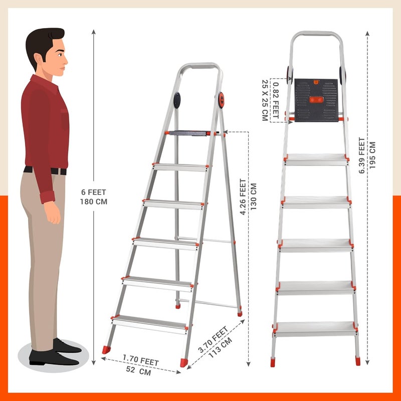 Bathla Bathla Advance Pro 6Step Foldable Aluminium Ladder for Home HeavyDuty AntiSlip Steps with SureHinge Technology 7Year Manufacturer Warranty Orange  - Image 4