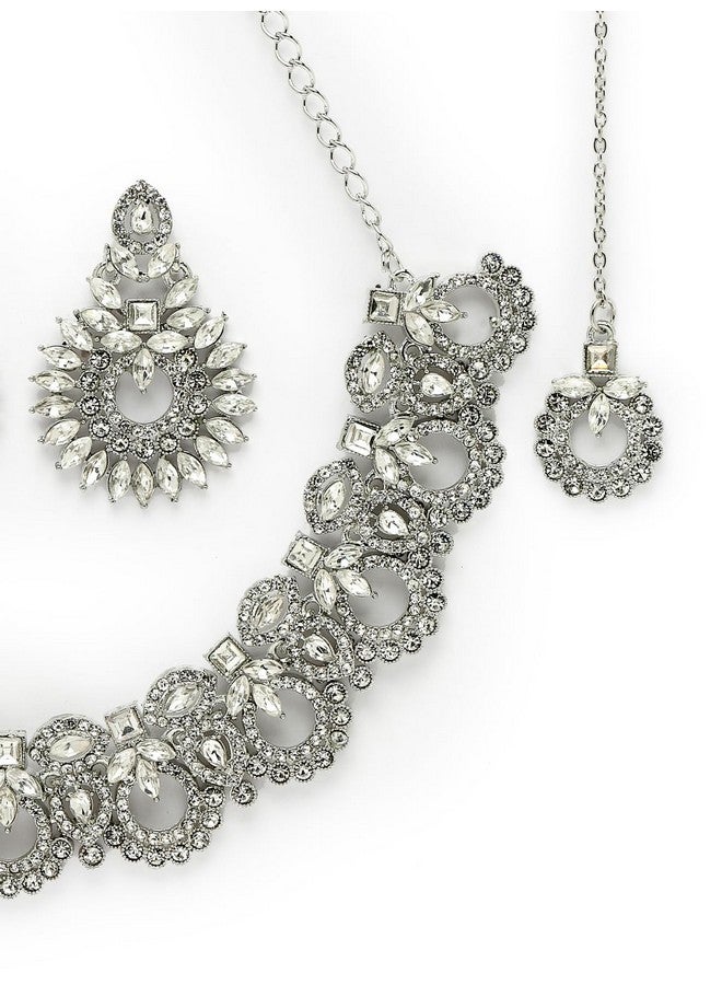 Sukkhi Classic Style Rhodium Plated Silver AD White Stones Collar Bone Necklace Set With Earring And Maangtika | Jewellery Set For Women (NS105645) - Image 2