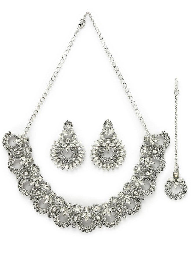 Sukkhi Classic Style Rhodium Plated Silver AD White Stones Collar Bone Necklace Set With Earring And Maangtika | Jewellery Set For Women (NS105645) - Image 1
