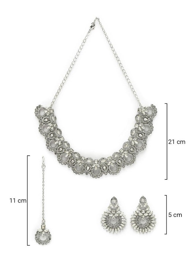 Sukkhi Classic Style Rhodium Plated Silver AD White Stones Collar Bone Necklace Set With Earring And Maangtika | Jewellery Set For Women (NS105645) - Image 4