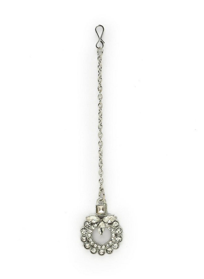 Sukkhi Classic Style Rhodium Plated Silver AD White Stones Collar Bone Necklace Set With Earring And Maangtika | Jewellery Set For Women (NS105645) - Image 5