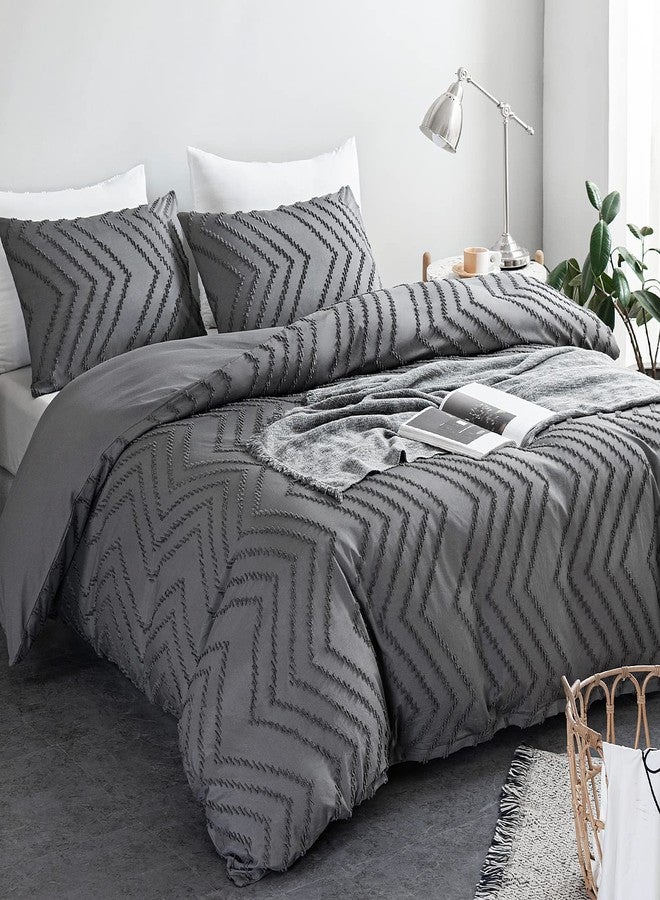 WARMDERN Boho Duvet Cover Set, Tufted Bedding Duvet Covers Soft Washed Microfiber Duvet Cover King Size, 3 Pieces Embroidery Shabby Chic Duvet Cover with Zipper Closure(Grey, King) - Image 2