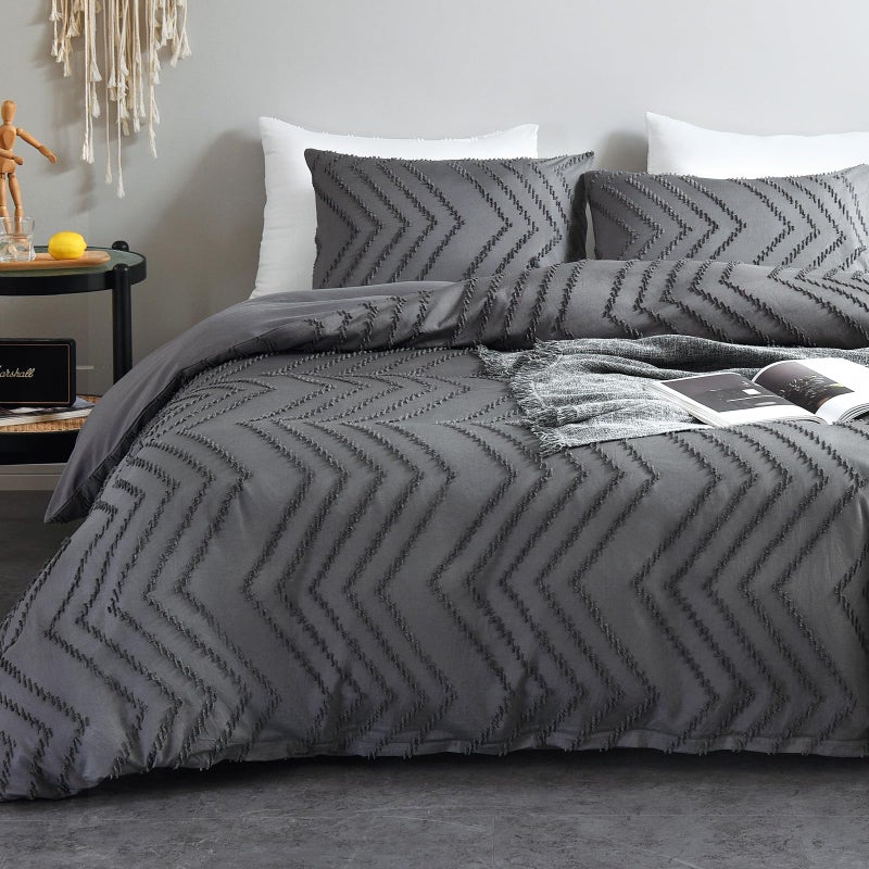 WARMDERN Boho Duvet Cover Set, Tufted Bedding Duvet Covers Soft Washed Microfiber Duvet Cover King Size, 3 Pieces Embroidery Shabby Chic Duvet Cover with Zipper Closure(Grey, King) - Image 1