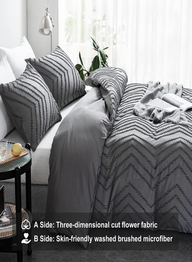 WARMDERN Boho Duvet Cover Set, Tufted Bedding Duvet Covers Soft Washed Microfiber Duvet Cover King Size, 3 Pieces Embroidery Shabby Chic Duvet Cover with Zipper Closure(Grey, King) - Image 3