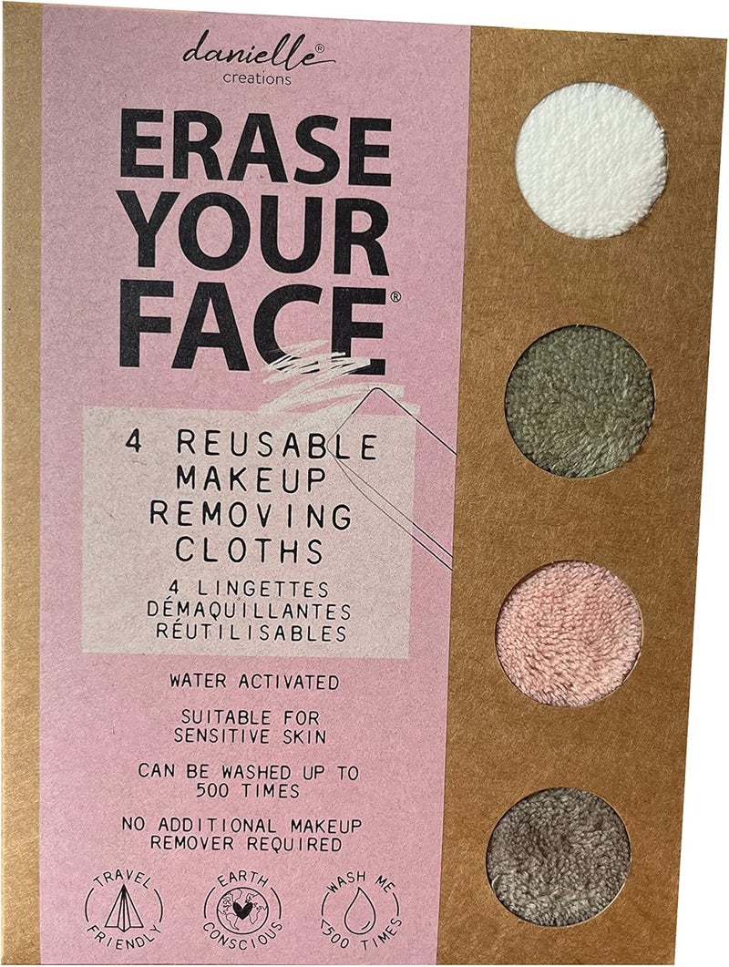 Erase Your Face Eco Friendly Reusable Makeup Removing Cloths in New 100 Plastic Free Recyclable Packaging 4 pack Cloths New 2022 Colours