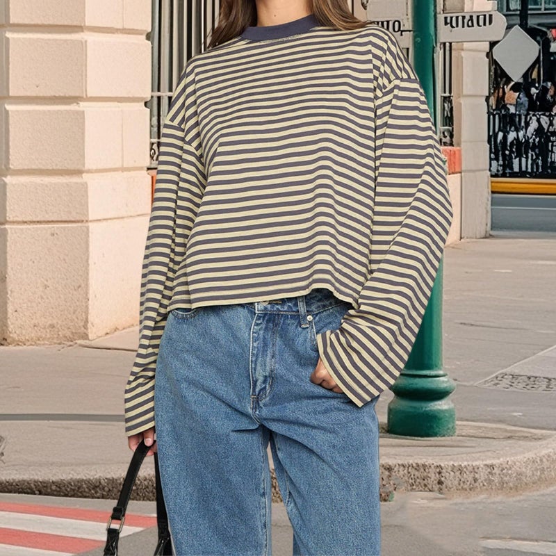 Foidiccx Striped Long Sleeve T Shirt Women Teen Girl Y2k Fairy Grunge Oversized Crewneck Vintage Tops Fall Winter Drop Shoulder Cute Preppy Loose Going Out Tee Pullover Yellow - Image 3
