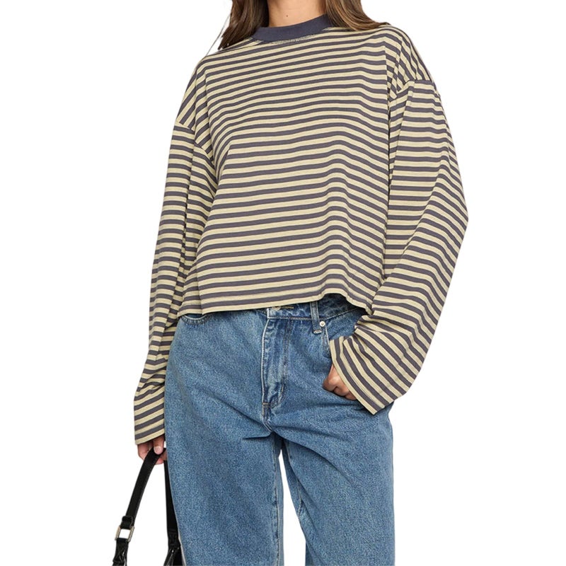 Foidiccx Striped Long Sleeve T Shirt Women Teen Girl Y2k Fairy Grunge Oversized Crewneck Vintage Tops Fall Winter Drop Shoulder Cute Preppy Loose Going Out Tee Pullover Yellow - Image 1