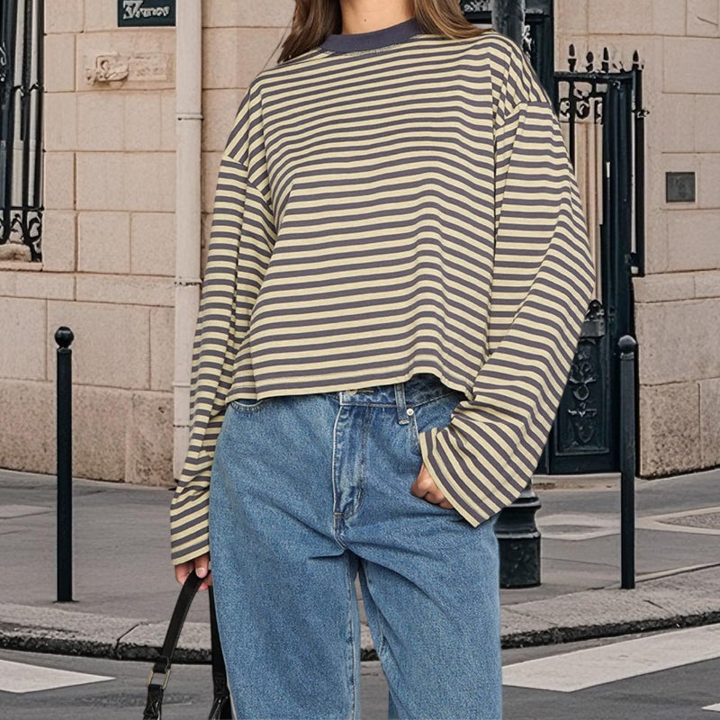 Foidiccx Striped Long Sleeve T Shirt Women Teen Girl Y2k Fairy Grunge Oversized Crewneck Vintage Tops Fall Winter Drop Shoulder Cute Preppy Loose Going Out Tee Pullover Yellow - Image 4