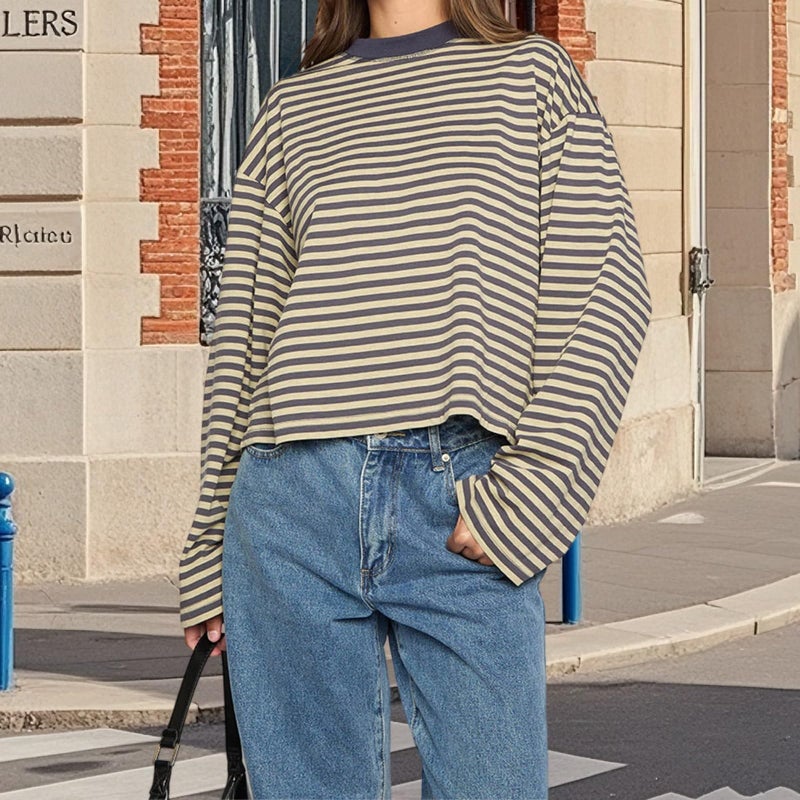 Foidiccx Striped Long Sleeve T Shirt Women Teen Girl Y2k Fairy Grunge Oversized Crewneck Vintage Tops Fall Winter Drop Shoulder Cute Preppy Loose Going Out Tee Pullover Yellow - Image 2