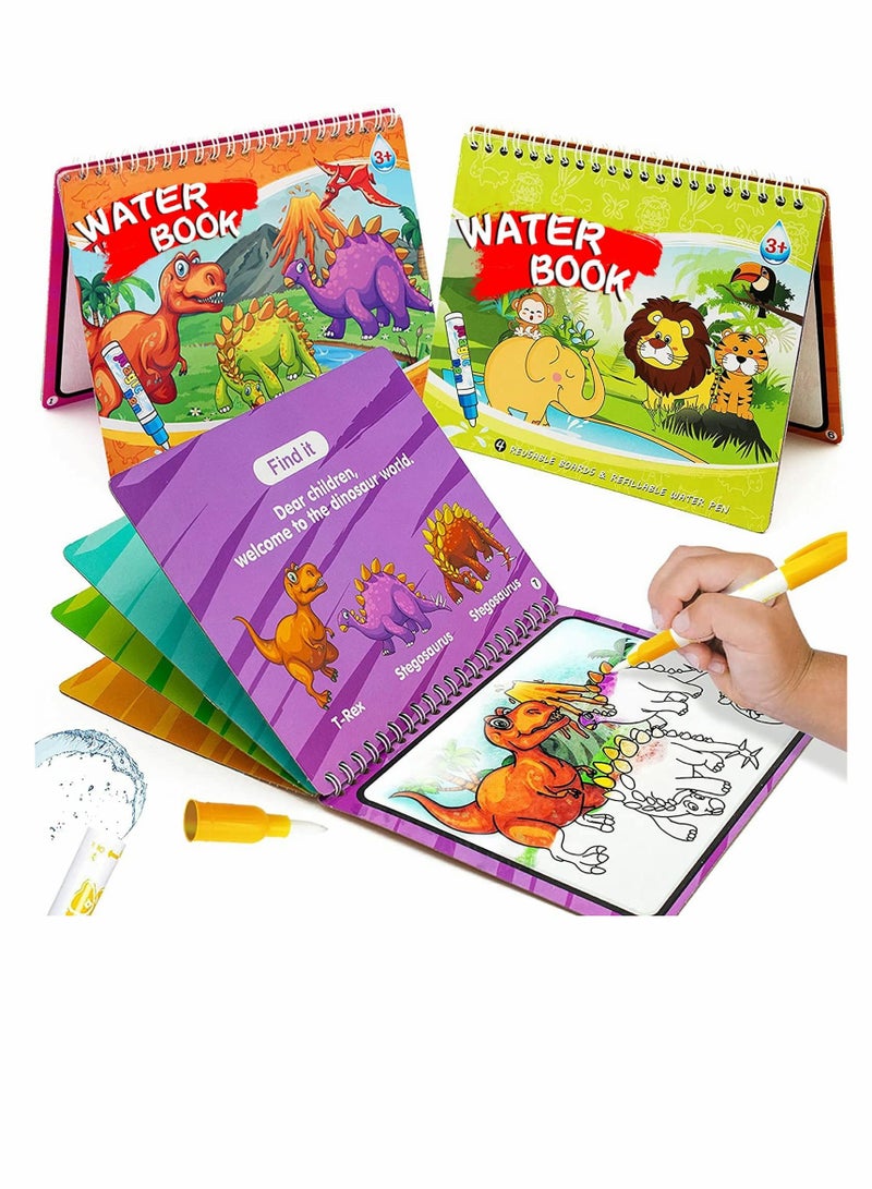 Excefore Graffiti Book Water Picture Album Children's Drawing Board, Reusable Water Reveal Activity Books for Kid, Doodle Game for Girl & Boy for 3-5 Year Old (Dinosaur & Animal) - Image 1