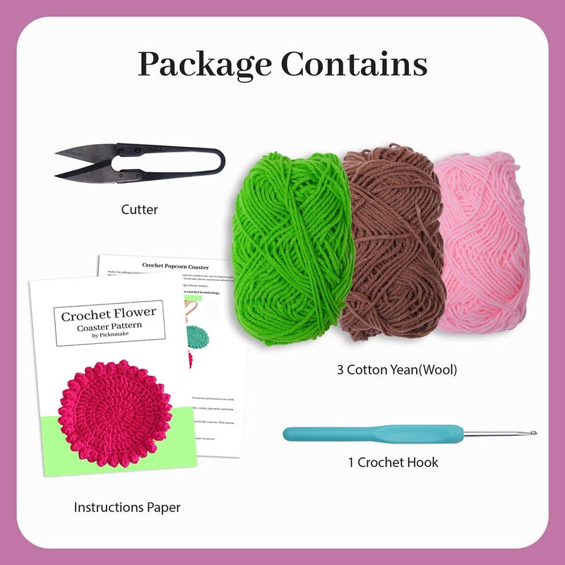 picknMAKE 6 Pcs Blossom Puff Crochet Coaster DIY Coaster Kit, Crochet Kit for Beginners, Crochet Yarn Full Kit, Multicolor Decorative Crochet Flower Coasters Craft Kit with All Material Included - Image 2