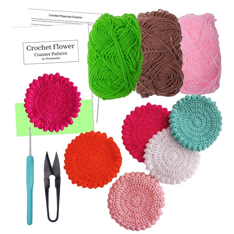 picknMAKE 6 Pcs Blossom Puff Crochet Coaster DIY Coaster Kit, Crochet Kit for Beginners, Crochet Yarn Full Kit, Multicolor Decorative Crochet Flower Coasters Craft Kit with All Material Included - Image 1