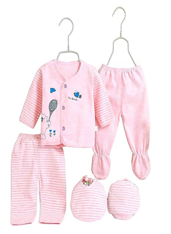 Billiondesigner Presents New Born Baby Winter Wear Clothes 5Pcs Sets Cotton Boys & Girls Flannel Suit Infant Clothes Gift (0-3 Months, Pink) - Image 1