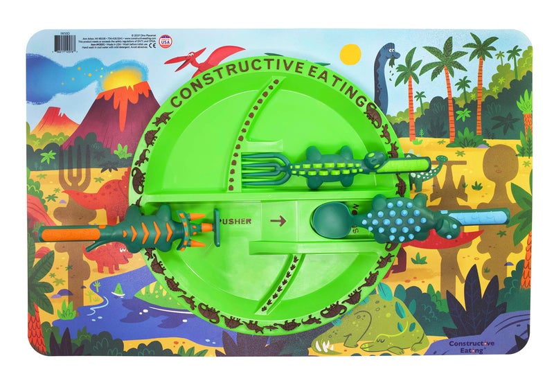 Constructive Eating Made in USA Toddler Dining Set Kids Placemats for Dining Table with Plate  Utensils Perfect Toddler Gifts for 2 Year Old Toddler Forks and Spoons for Picky Eater Dinosaur