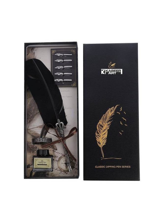 KABEER ART Black Feather Dip Pen Set with 5PCs Nib - Image 1