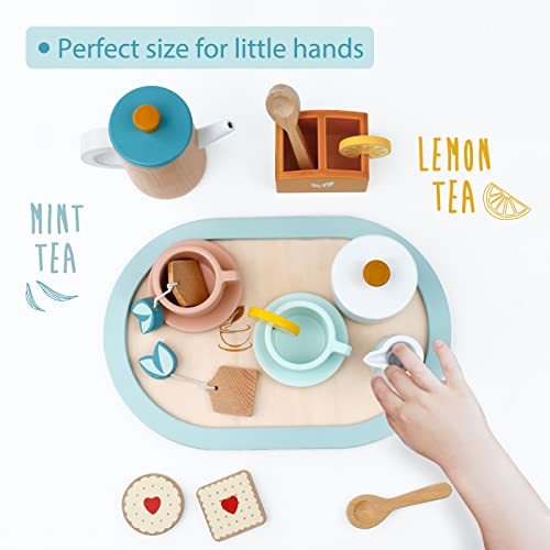 PairPear Wooden Tea Set for Little Girls, Wooden Toys Toddler Tea Set Play Kitchen Accessories for Kids Tea Party with Play Food - Image 3
