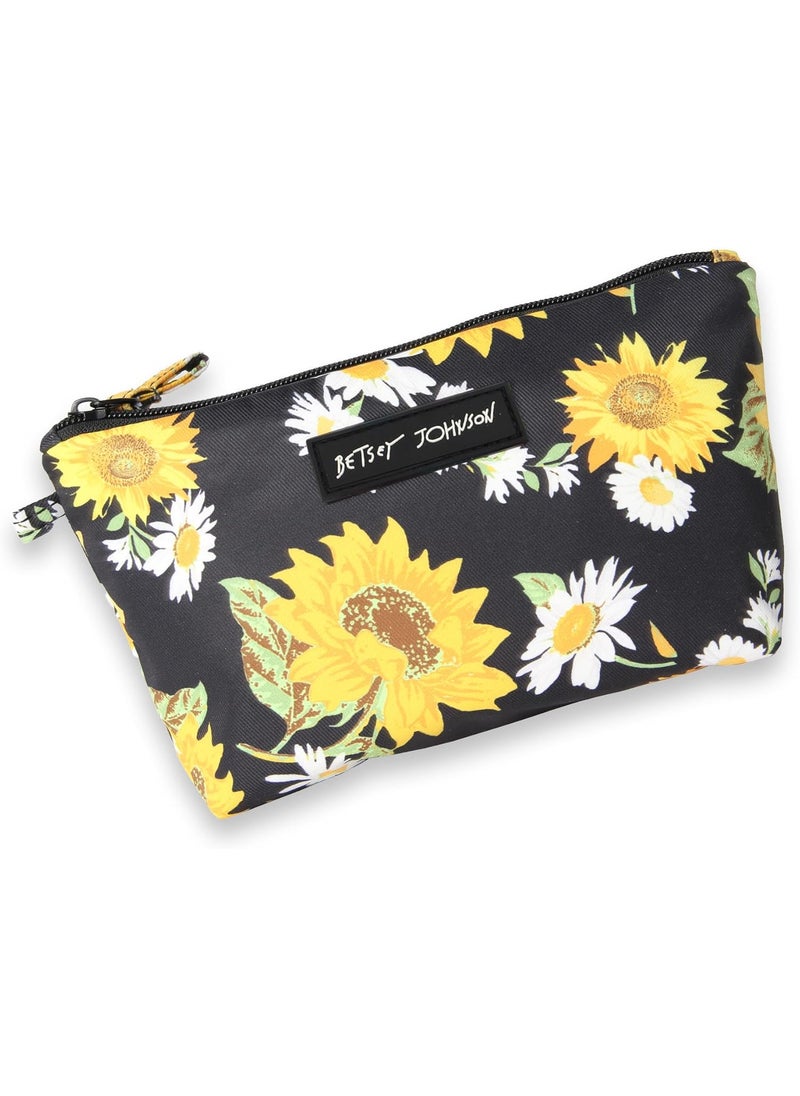 Betsey Johnson Betsey Johnson 8.5 Inch Zipper Cosmetic Pouch Small Toiletry Bag Lightweight Durable Polyester Organizer with Inner Zipped Pocket Good For Makeup Accessories and Travel Needs (Sunflowers) 