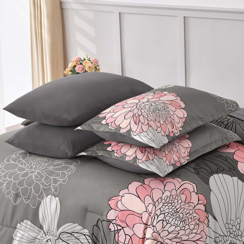 Yiran Grey Pink Comforter Queen Size 7 Pieces Floral Bed in a Bag Comforter Set Soft Microfiber Bedding Sets for All Season with Flat Sheet Fitted Sheets Pillowcases & Pillowshams - Image 5