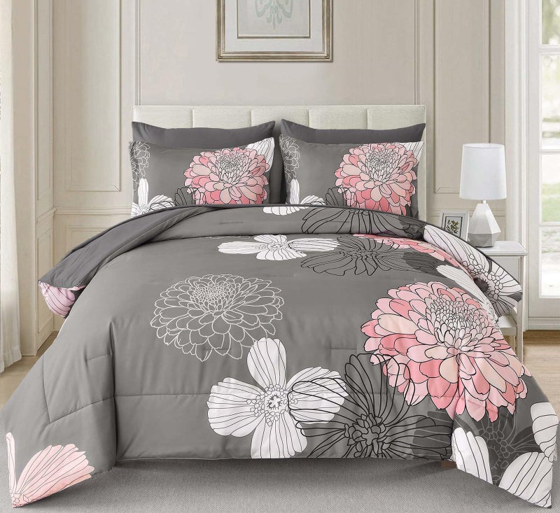 Yiran Grey Pink Comforter Queen Size 7 Pieces Floral Bed in a Bag Comforter Set Soft Microfiber Bedding Sets for All Season with Flat Sheet Fitted Sheets Pillowcases & Pillowshams - Image 2