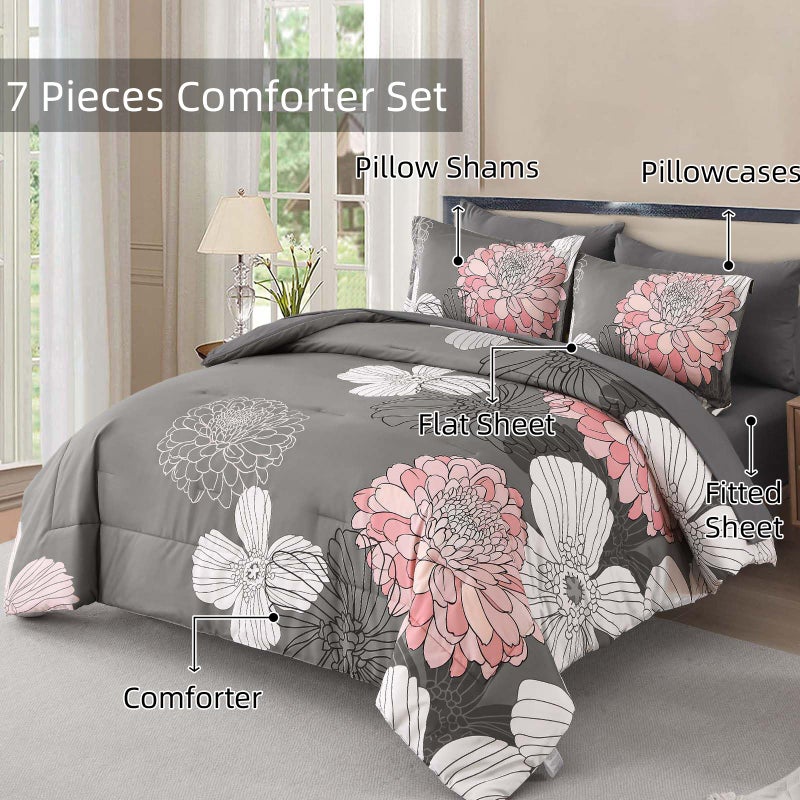 Yiran Grey Pink Comforter Queen Size 7 Pieces Floral Bed in a Bag Comforter Set Soft Microfiber Bedding Sets for All Season with Flat Sheet Fitted Sheets Pillowcases & Pillowshams - Image 3