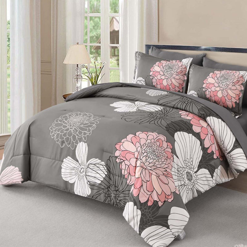 Yiran Grey Pink Comforter Queen Size 7 Pieces Floral Bed in a Bag Comforter Set Soft Microfiber Bedding Sets for All Season with Flat Sheet Fitted Sheets Pillowcases & Pillowshams - Image 1