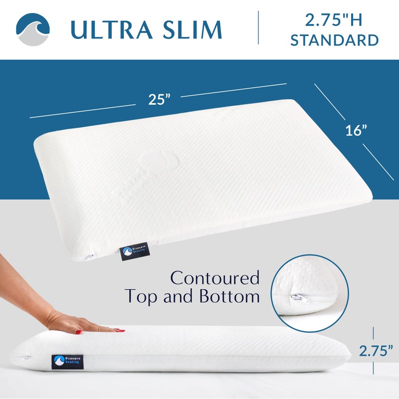 Bluewave Bedding Ultra Slim Gel Memory Foam Pillow for Stomach and Back Sleepers - Thin, Flat Design for Cervical Neck Alignment and Deeper Sleep (2.75-Inches Height, Standard Size) - Image 2