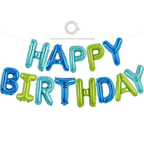 TONIFUL Blue Green Happy Birthday Balloons Banner 16 Inch Mylar Foil Letters Birthday Sign Bunting Reusable for Girls Boys Kids Adults Birthday Decorations and Party Supplies - Image 1