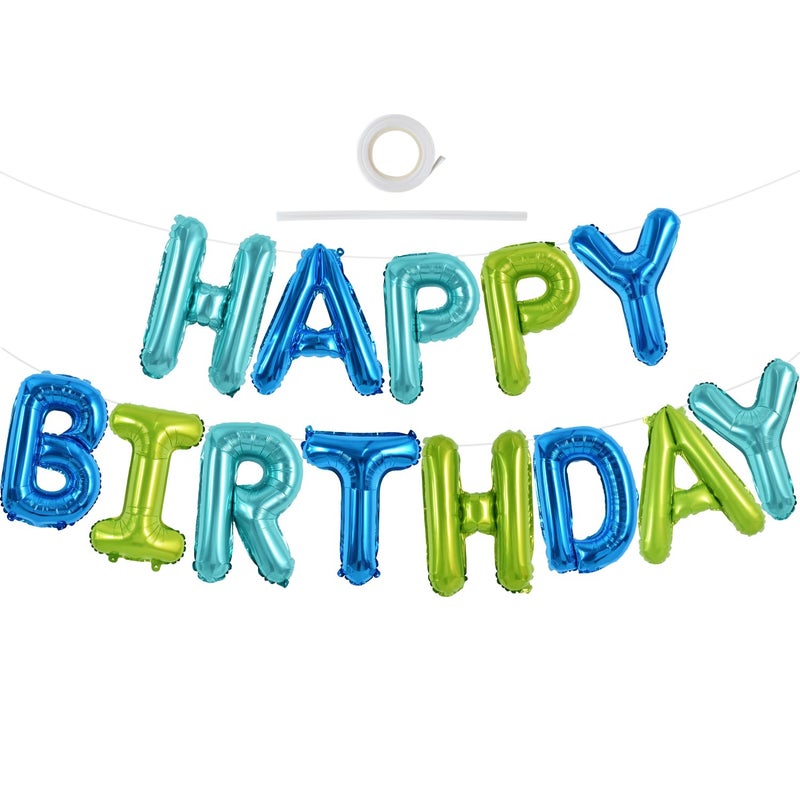 TONIFUL Blue Green Happy Birthday Balloons Banner 16 Inch Mylar Foil Letters Birthday Sign Bunting Reusable for Girls Boys Kids Adults Birthday Decorations and Party Supplies - Image 2