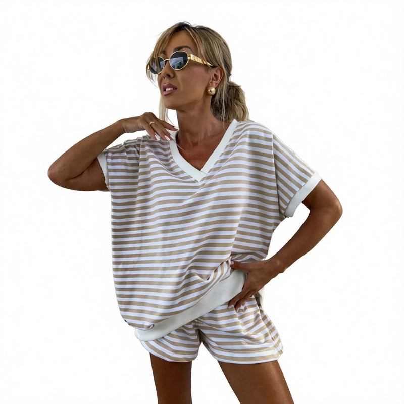 Women's Knit Striped Two-Piece Relaxed Fit Sweatshirt and High-Waist Shorts Lounge Set - Image 2