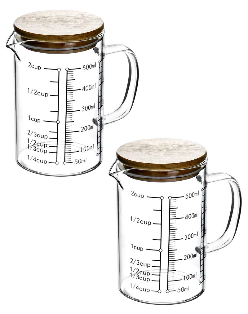 QWORK QWORK Glass Measuring Cup 2 Pack 500ML 18 Oz 2 Cup High Borosilicate Glass Scale Cup with Handle and Durable Bamboo Lid for Kitchen or Restaurant 