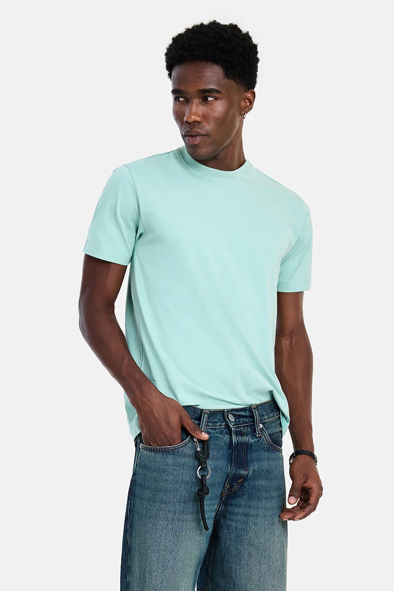 سنيتش Sage Green Solid Half Sleeve Slim Fit Casual T-Shirt