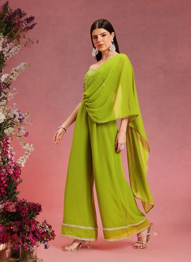 Indo Street Lime Green Self Design Jumpsuit for Women
