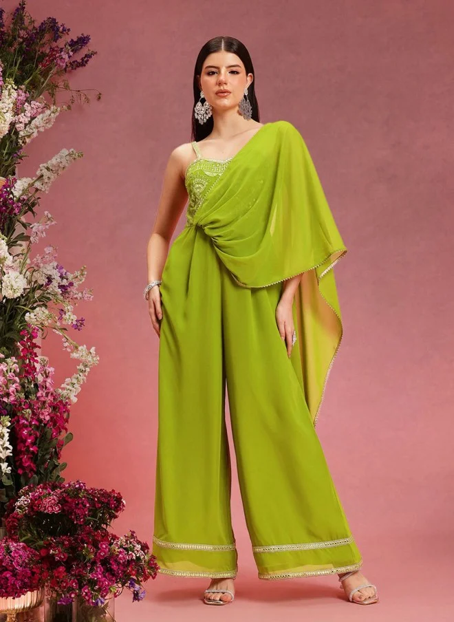 Indo Street Lime Green Self Design Jumpsuit for Women
