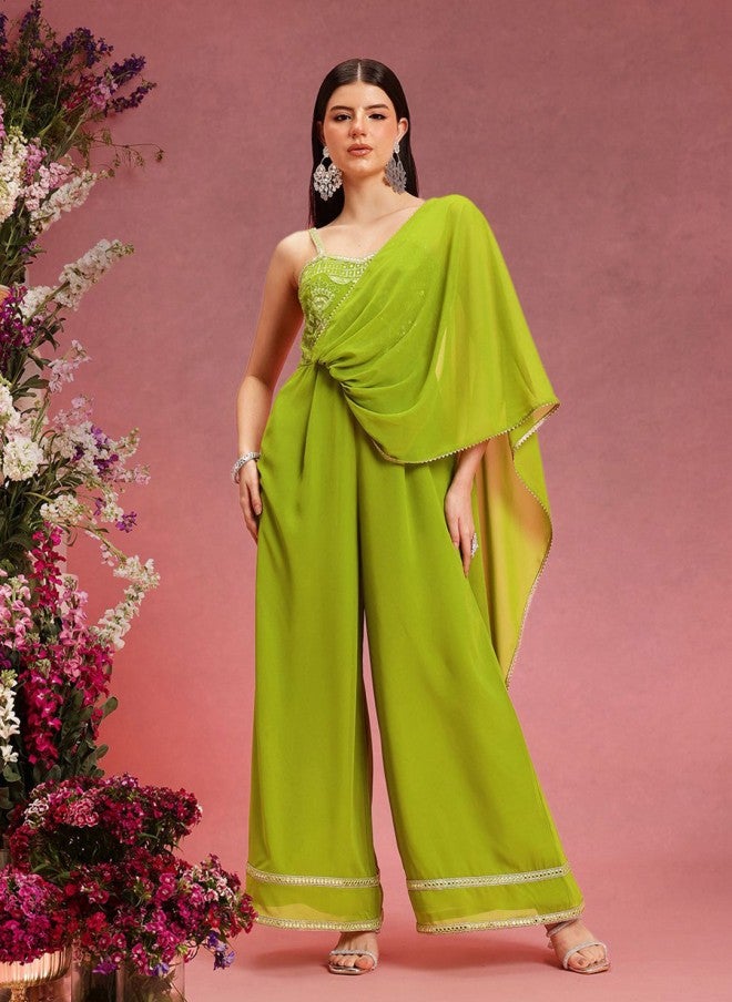 Indo Street Lime Green Self Design Jumpsuit for Women - Image 1