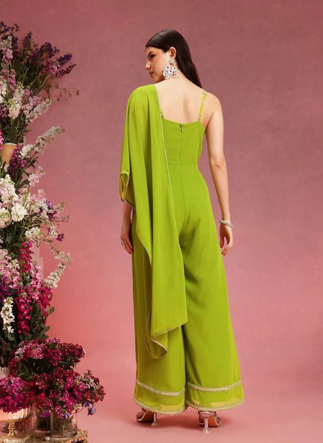 Indo Street Lime Green Self Design Jumpsuit for Women